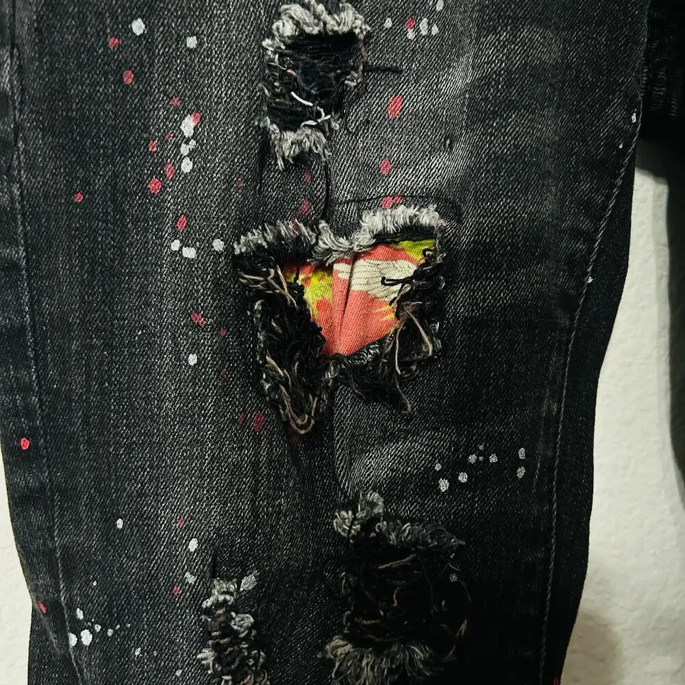 AMIRI Skinny-Fit Appliquéd Paint-Splatter Distressed Stretch-Denim Jean Black 28